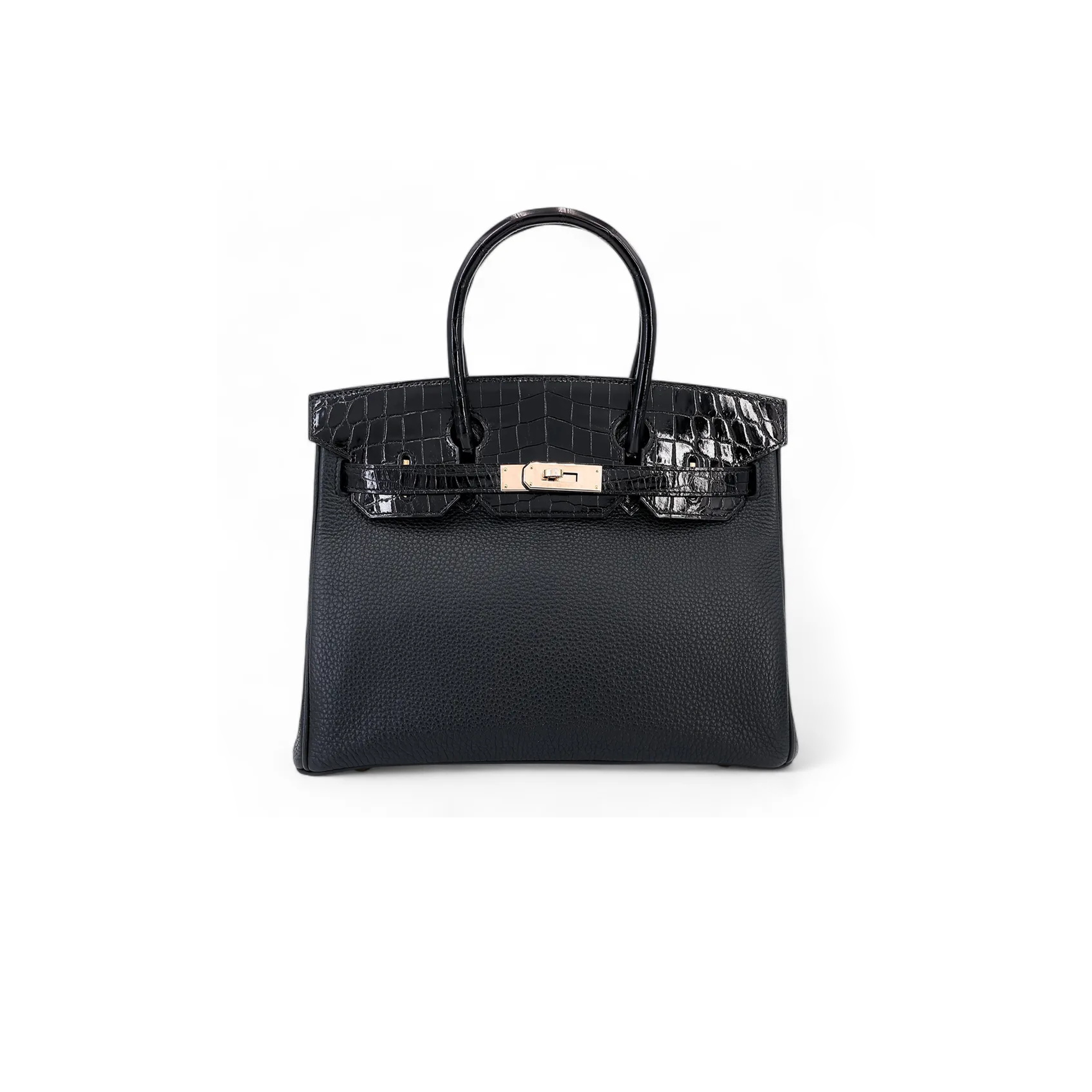 HERMÈS MASTER BIRKIN 30 CROCODILE AND TOGO LEATHER BLACK SILVER BUCKLE H076235CK02 (30*22*16cm)